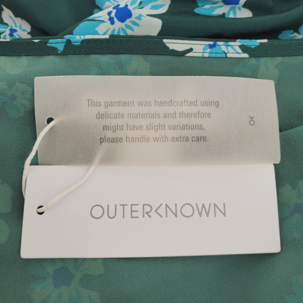 Outerknown L Astral Floral Print Puff Sleeve Tie Waist V Neck Blouse Green Blue - Picture 8 of 8